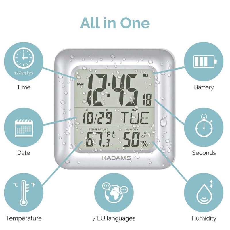 KADAMS Bathroom Clock 9.5" Kitchen Wall Clock with Large LCD Screen â€“ Shower Clock with Suction Cup,Temperature, Humidity, Calendar â€“ Water-Resistant, 4 Mounting Options, Silver - Image 3